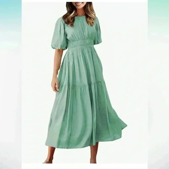 Amazon women’s ECOWISH Summer Short Puff Sleeve Crew neck light green small NWOT - Picture 4 of 6